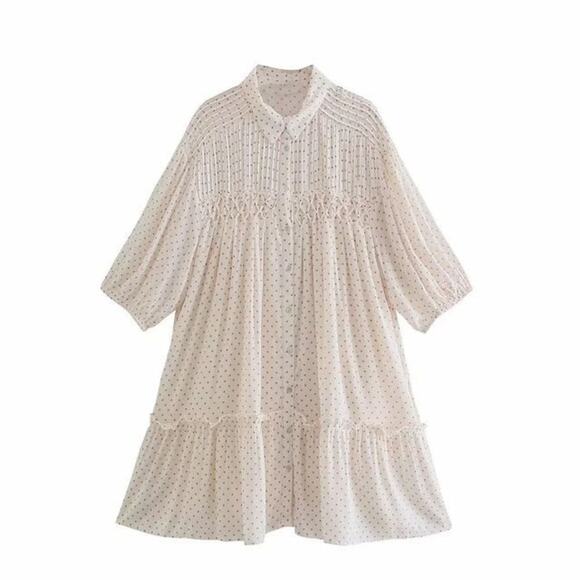 NWT‎ Zara Cream Polka Dot Babydoll Mini Dress - Picture 2 of 9